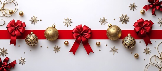 Elegant Holiday Composition with Sparkling Golden Baubles and Red Ribbon Accents