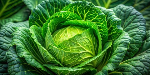 Obraz premium Close-up of a Green Cabbage Head in a Garden, Macro Photography, Green Veins, Cabbage, Vegetables, Produce