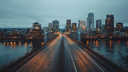 Fototapeta premium Bridge road over a river with city skyline in the background