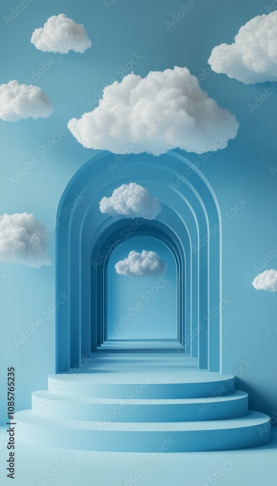 Aufkleber abstract minimalist 3d render blue background with white clouds emerging from a tunnel