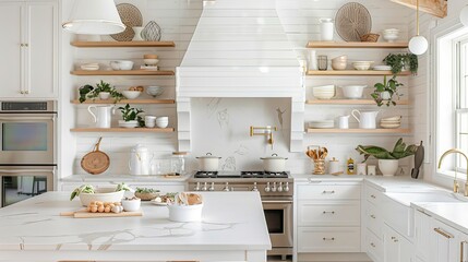 Bright and airy kitchen with white marble countertops and open shelving