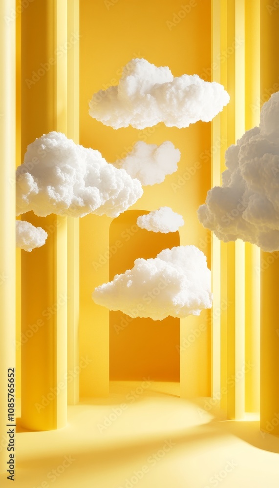 Poster abstract minimalist 3d render featuring yellow background and white clouds emerging from tunnel