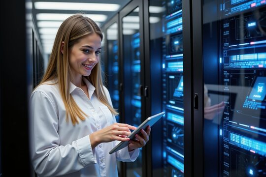 Young professional woman managing data in modern server room with tablet technology.