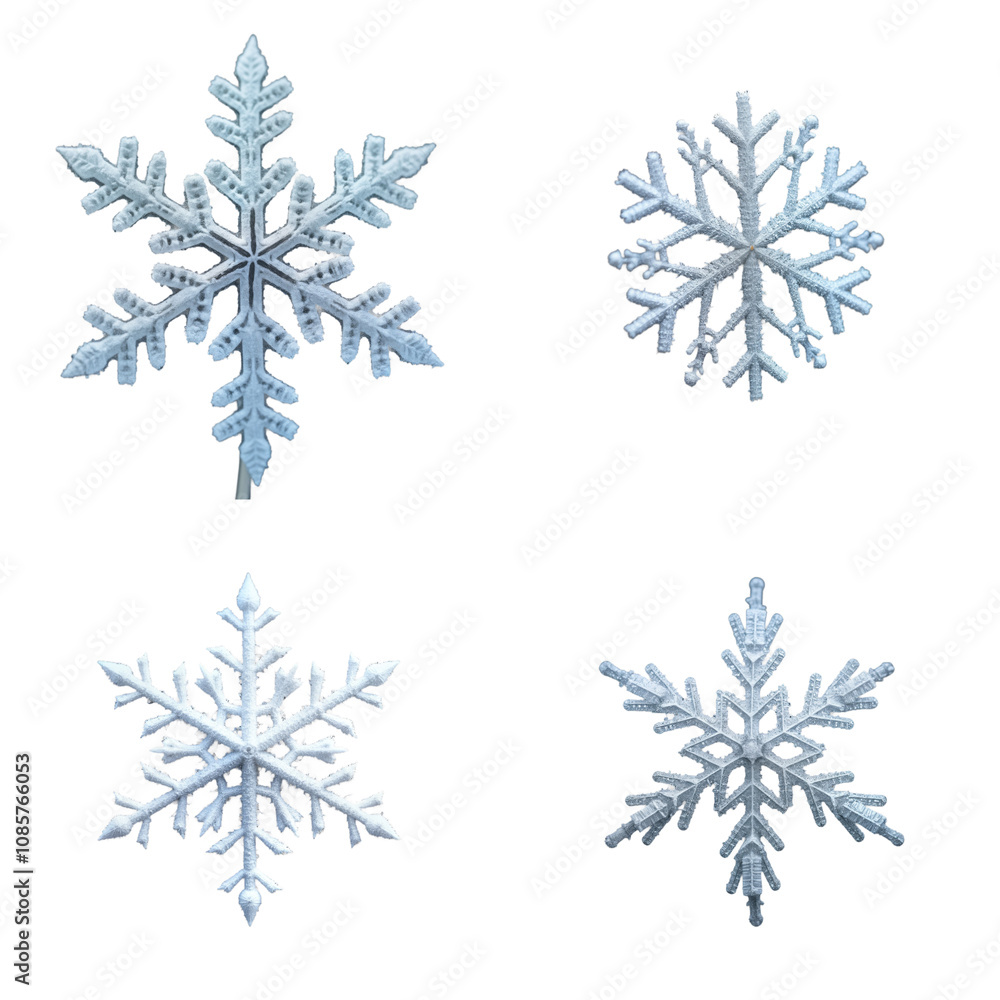 Poster four frozen snowflake macro photos against transparent background. snowflake detailed design. perfec