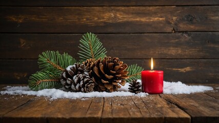 Warm and Cozy Christmas: Rustic Candle Decor on Wood with Room for Text Overlay
