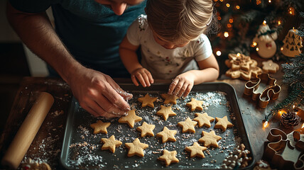 Parent and child shaping Christmas cookies together