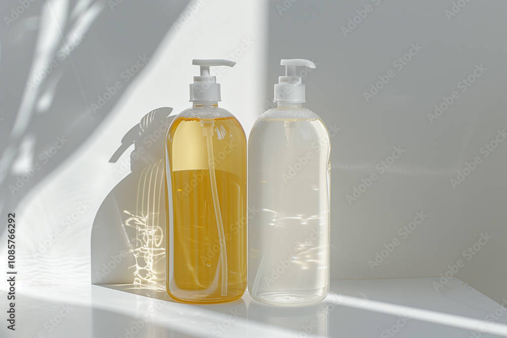 Poster a pair of contrasting shampoo bottles, one opaque and one clear, neatly aligned side by side on a cl