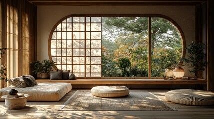 A serene Japanese-inspired living room featuring circular windows, natural light, and minimalist decor. The space offers tranquility with lush greenery outside.