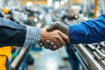Two Workers Shaking Hands in Manufacturing Facility Representing Partnership, Collaboration, and Teamwork in an Industrial Environment with Machinery in the Background