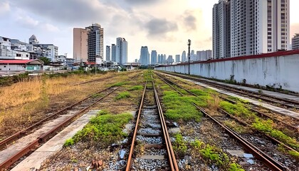 Fototapeta premium Abandoned Railway Tracks with Overgrown Vegetation Surrounded by Urban Skyline in a Modern Cityscape during a Golden Hour Sunset