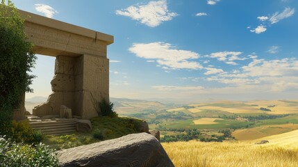 Majestic Ancient Ruins: Peaceful Yet Epic 3D Render of Historic Architecture Amid Rolling Hills and Golden Fields with Dramatic Light