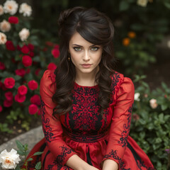 Una linda mujer victoriana con un vestido rojo carmin,en medio de un jardin lleno de rosas