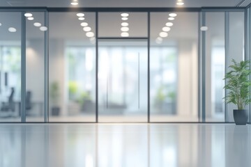 Obraz premium Modern office interior with blurred glass door and window, soft shadows, and bokeh effect design