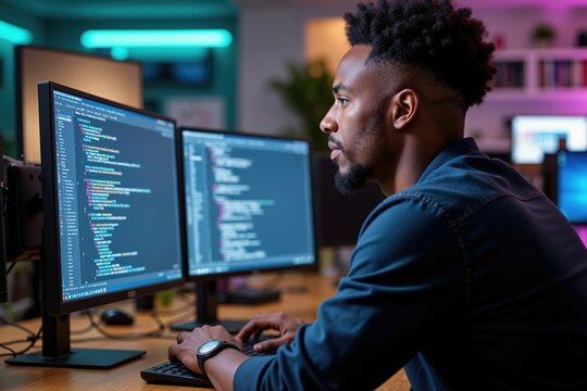 Focused programmer coding on dual monitors in modern office with ambient lighting.