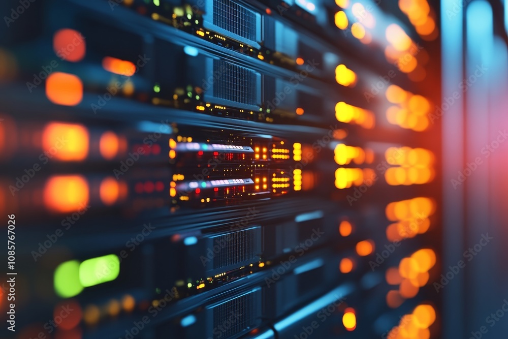 Poster close up of network equipment in an it mainframe server room showcasing data transfer technology