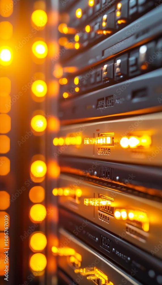 Poster close up of a data center server illuminated with yellow light in a modern tech office environment