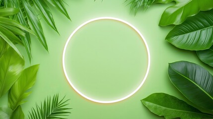 Illuminated circle with tropical green leaves on fresh green background - modern nature design