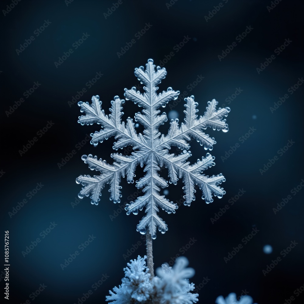 Poster beautiful frozen snowflake detailed macro. ice crystals form intricate design. dark backdrop enhance