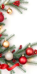 Christmas decorations featuring tree branches and shiny baubles against a clean white background, winter, holiday