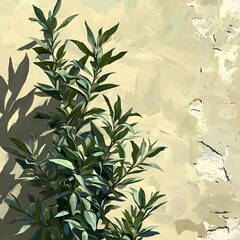 A lush green plant with vibrant leaves casts a dramatic shadow on a textured, light-colored wall. The contrast enhances the natural beauty and tranquility of the scene.