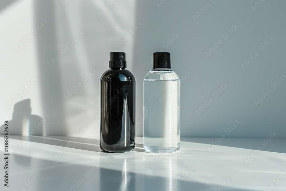 Poster a pair of contrasting shampoo bottles, one opaque and one clear, neatly aligned side by side on a cl