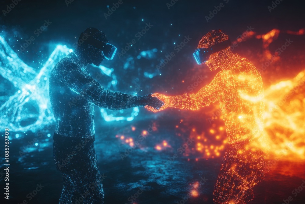 Poster futuristic digital collaboration between two people in virtual reality environment representing tech