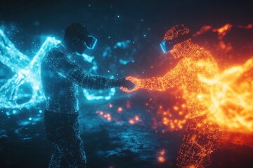 Futuristic Digital Collaboration Between Two People in Virtual Reality Environment Representing Technology, Connection, and Innovation Through Neon Colors and Data Visualization Effects