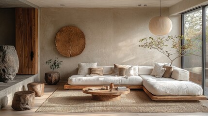 A cozy living room featuring a white sectional sofa, wooden accents, and natural elements. The decor emphasizes comfort and modern aesthetics with an earthy feel.