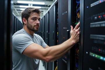 Technician managing servers in data center with focused precision and expertise.