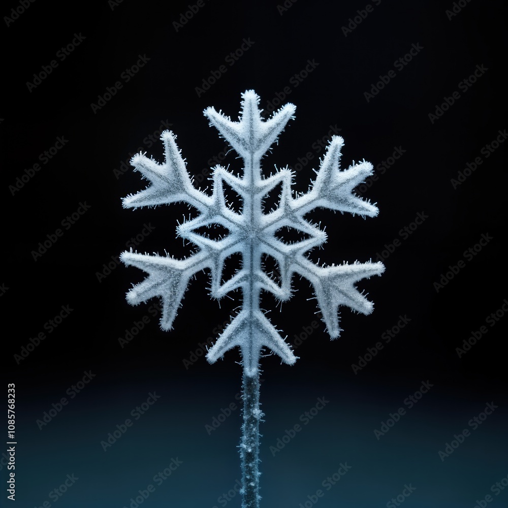 Poster frozen snowflake detailed macro view. ice crystal intricate design. dark background. winter theme. b