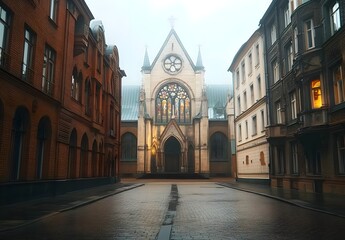 Serene Urban Street with Historic Architecture Featuring Stained Glass Windows in a Foggy Morning Setting, Evoking a Sense of Tranquility and Wonder