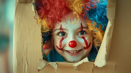 Playful Child Dressed as Colorful Clown with Bright Red Nose