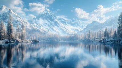 Fototapeta premium Gradient glowing waves ripple across a tranquil alpine lake surrounded by snow-capped peaks. The surreal lighting adds depth and magic to the serene mountain landscape. A peaceful and captivating 