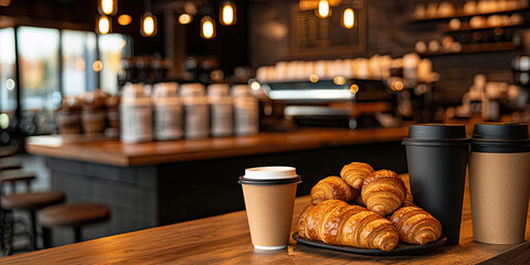 Fototapeta premium A cozy cafe interior featuring coffee cups and freshly baked croissants, with warm lighting and a welcoming atmosphere.