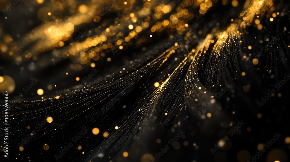 Poster minimalistic new year's background in dark tones with delicate golden streaks and bokeh effects.