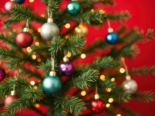 Obraz premium Christmas tree adorned with colorful ornaments and twinkling bokeh lights against a vibrant red background, festive, ornaments