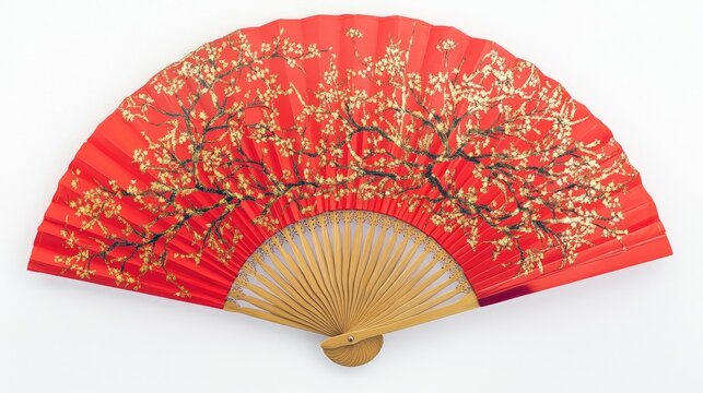 Red fan with golden floral designs isolated on a white background for a minimalist look.