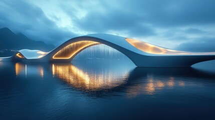 A futuristic bridge glowing with gradient waves of light flowing along its sleek, modern structure. The reflections on the calm water below add depth and vibrancy to the innovative design. A 