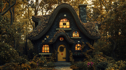 Fototapeta premium A charming cottage with whimsical windows resembling eyes nestled in a serene forest during golden hour