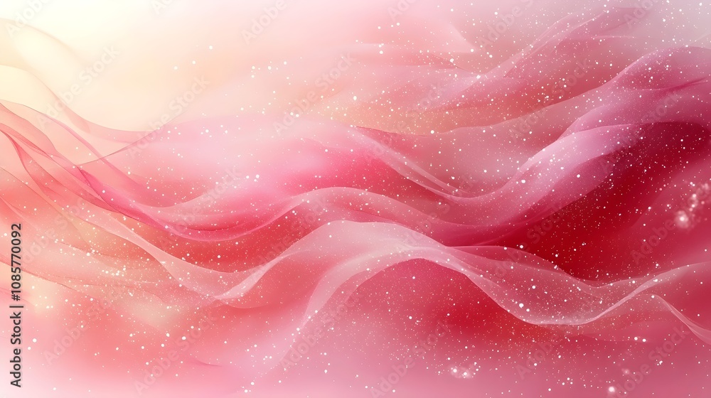 Poster a soft, dreamy abstract background featuring flowing waves of pink and red hues, embellished with sp