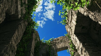 Weathered Strength: Ruins of Roman Fortress Embraced by Nature's Vines in 3D Render, Symbolizing Resilience and History Under Bright Blue Sky