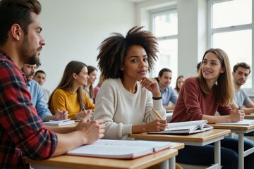 Diverse group of university students engaged in classroom learning environment with natural light.