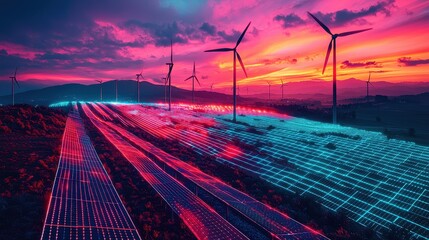 A futuristic high-tech energy farm glowing with gradient waves of light flowing across solar panels and wind turbines. The vibrant colors emphasize sustainability and innovation in renewable 