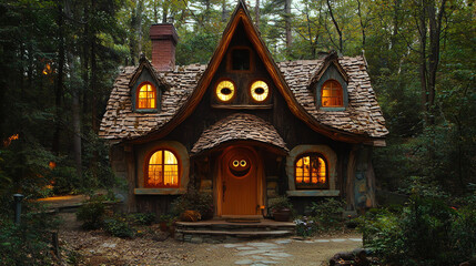Fototapeta premium Charming cozy cottage nestled in the woods with eye-like windows glowing warmly at dusk