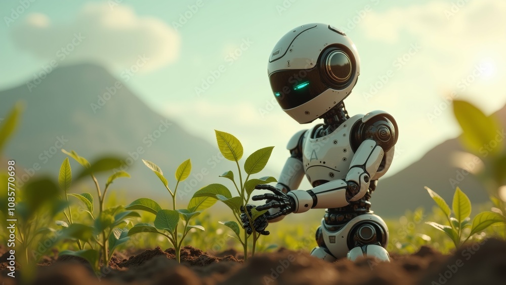 Aufkleber the image shows a robot standing in a field of young plants. the robot is white and black in color a