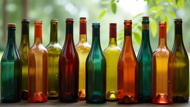 The image shows a group of nine wine bottles of different colors arranged in a row on a wooden surface. The bottles are of different sizes and shapes, with some being green, orange, yellow, red, and