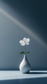 Simple Elegance of a White Flower in a Minimalist Vase with Soft Lighting and Subtle Shadows Against a Calm Background