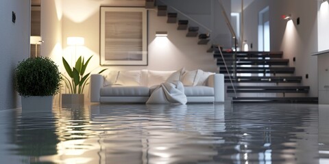 Basement with a flooded floor due to a sump pump failure, concept of Water damage