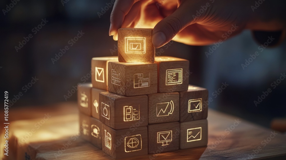 Aufkleber hand places illuminated blocks with icons, symbolizing data and technology concepts.