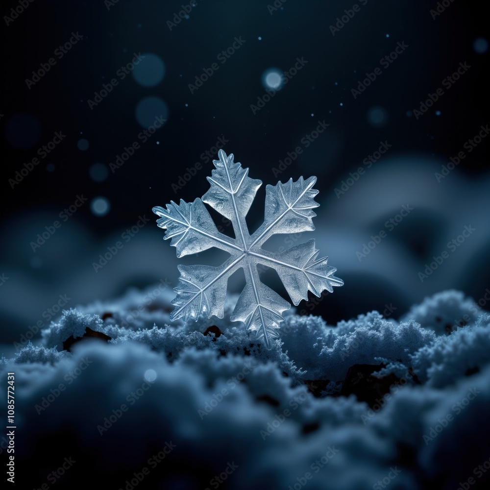 Poster detailed close-up macro photo of beautiful frozen snowflake on dark background. snowflake intricate,